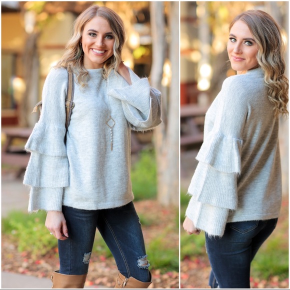 Heather Gray Tiered Sleeve Soft Fuzzy Sweater - Picture 2 of 2